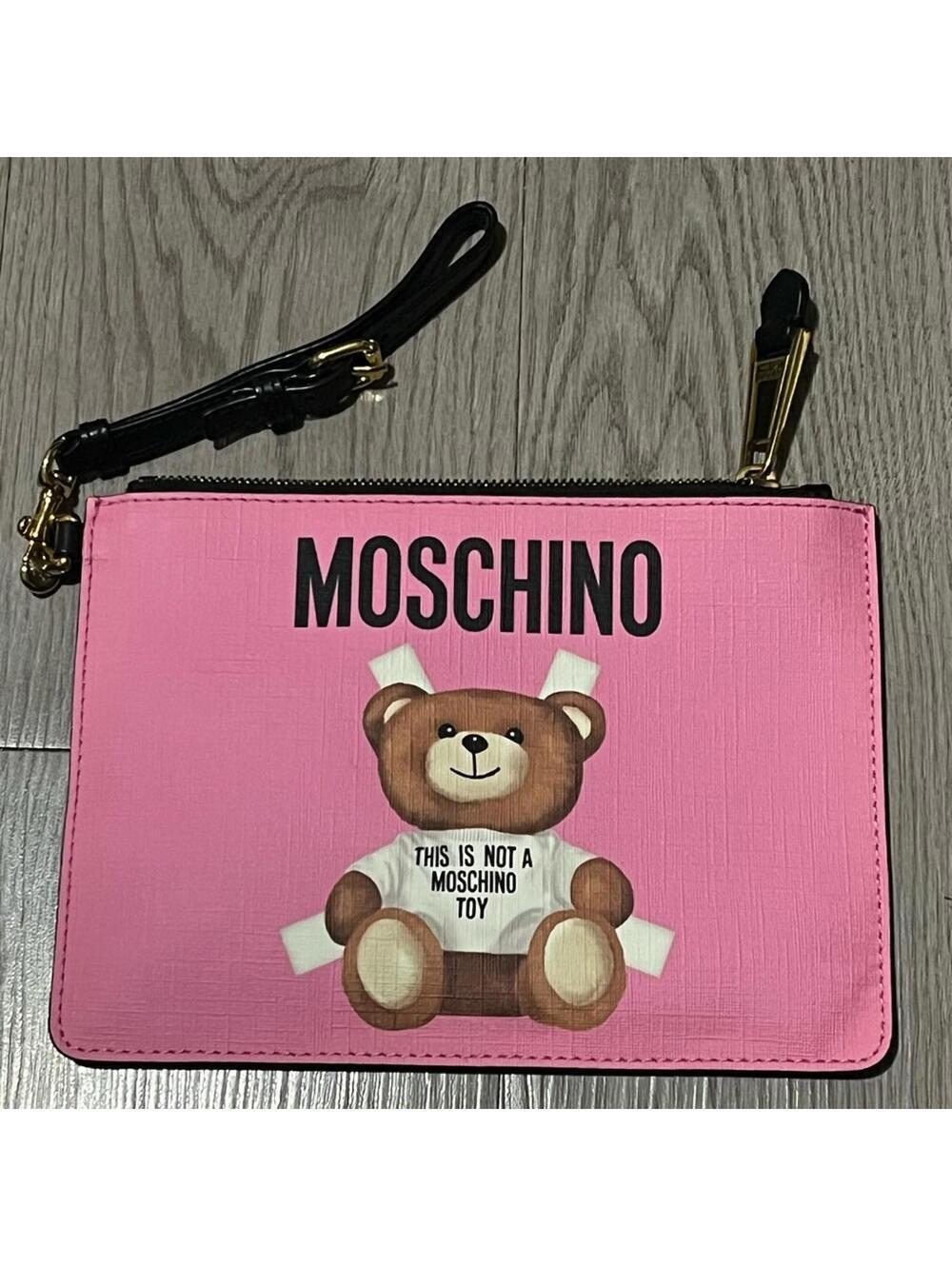 MOSCHINO Couture! Milano Pink Leather Teddy Bear Zip Pouch